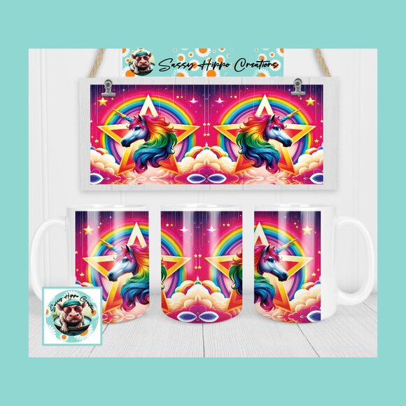Ceramic Coffee Mug Colorful Unicorn Rainbow Star 15oz Hand Sublimated - Picture 1 of 4